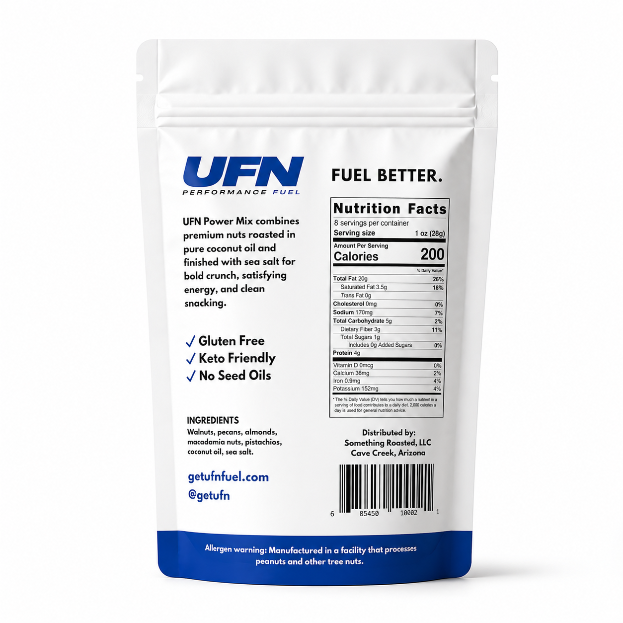 UFN Performance Fuel package with nutrition facts and ingredients on a white background