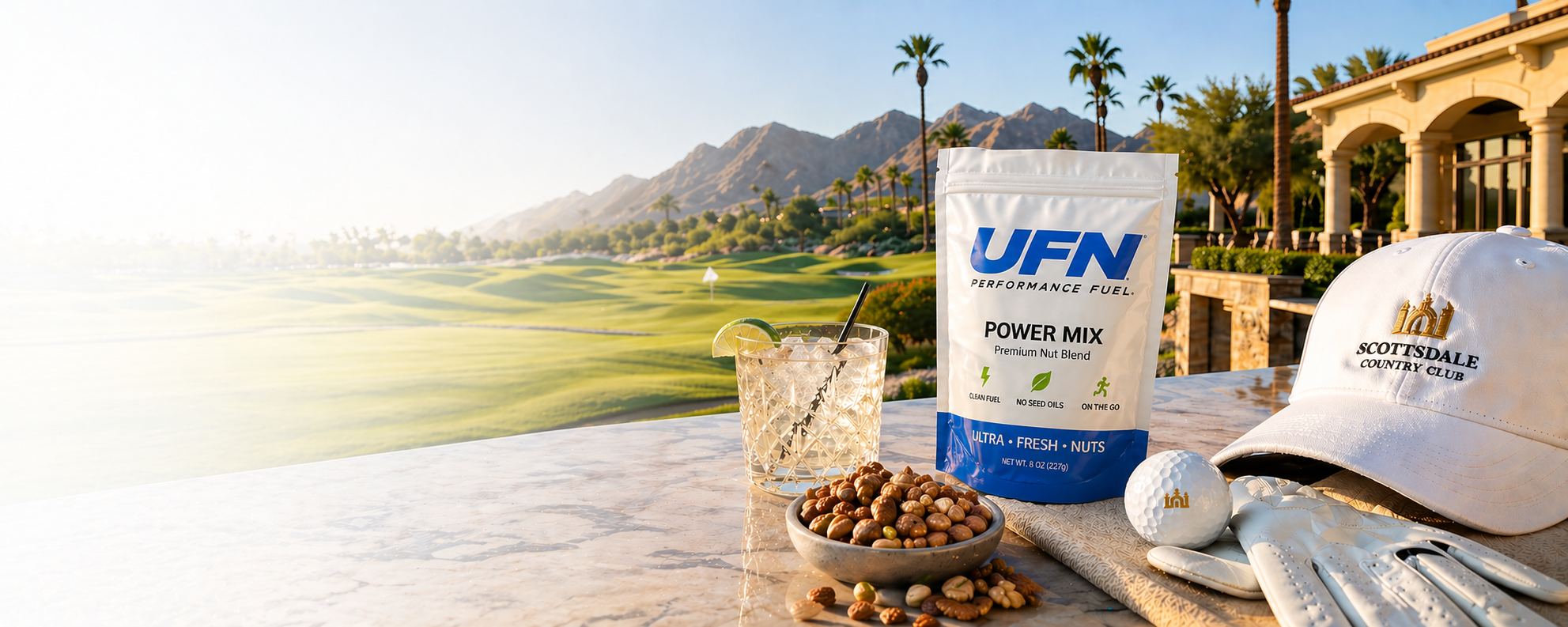 UFN Performance Fuel package on a golf course with golf accessories.