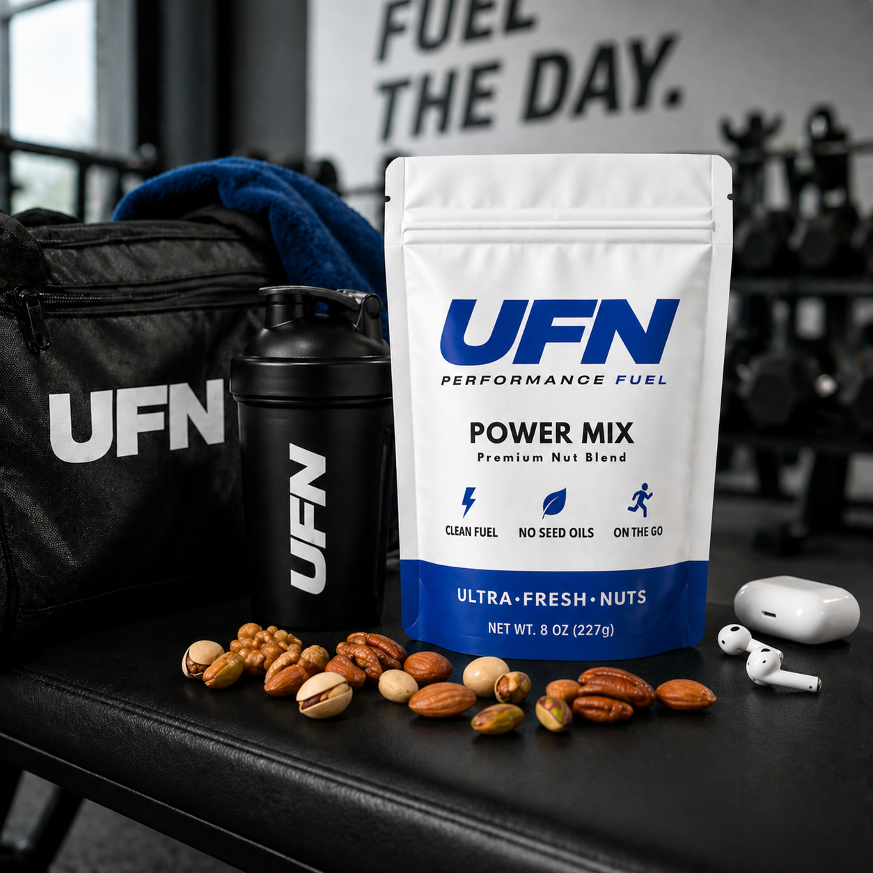 UFN performance fuel package with shaker and nuts on a table in a gym setting
