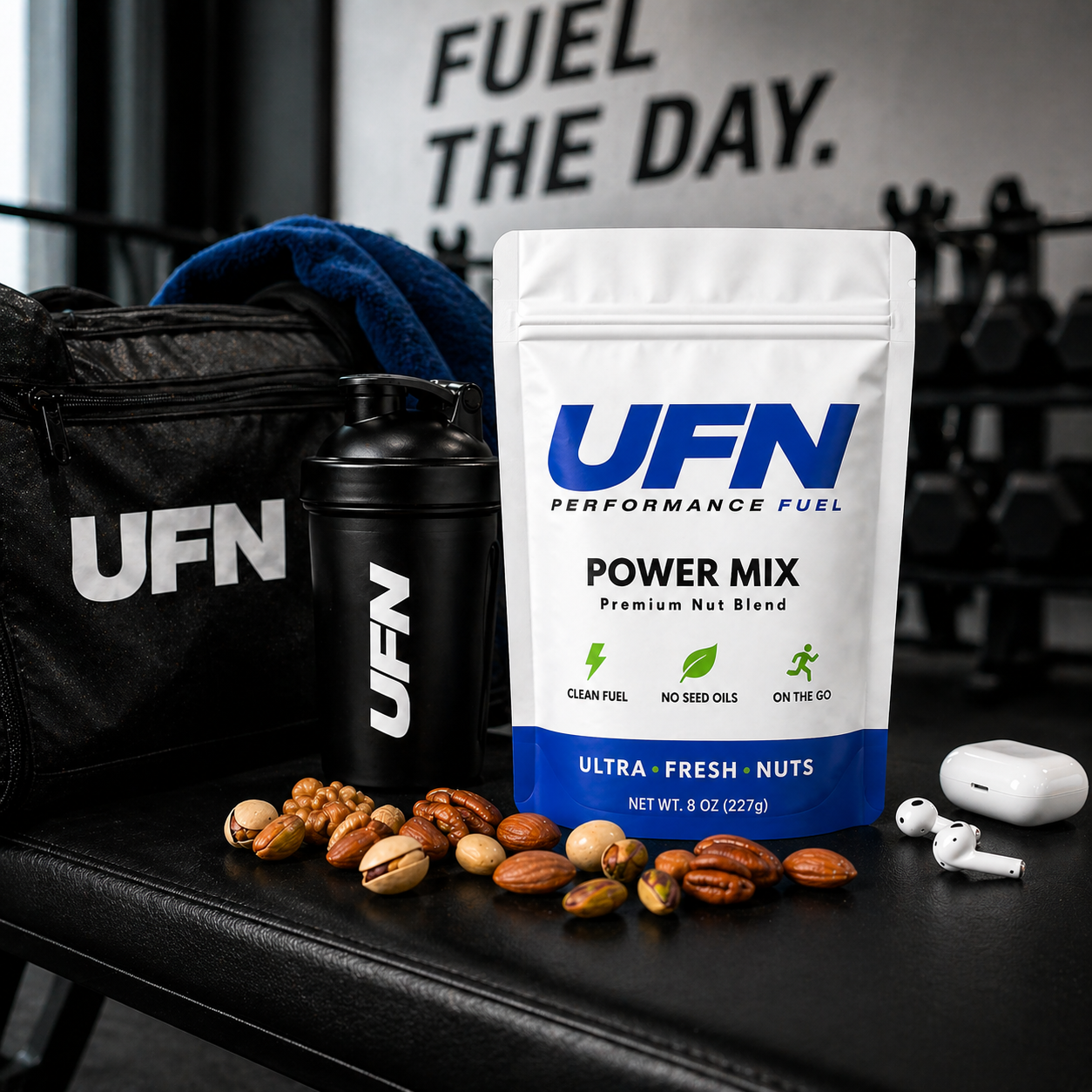 UFN performance fuel package with shaker and nuts on a table in a gym setting
