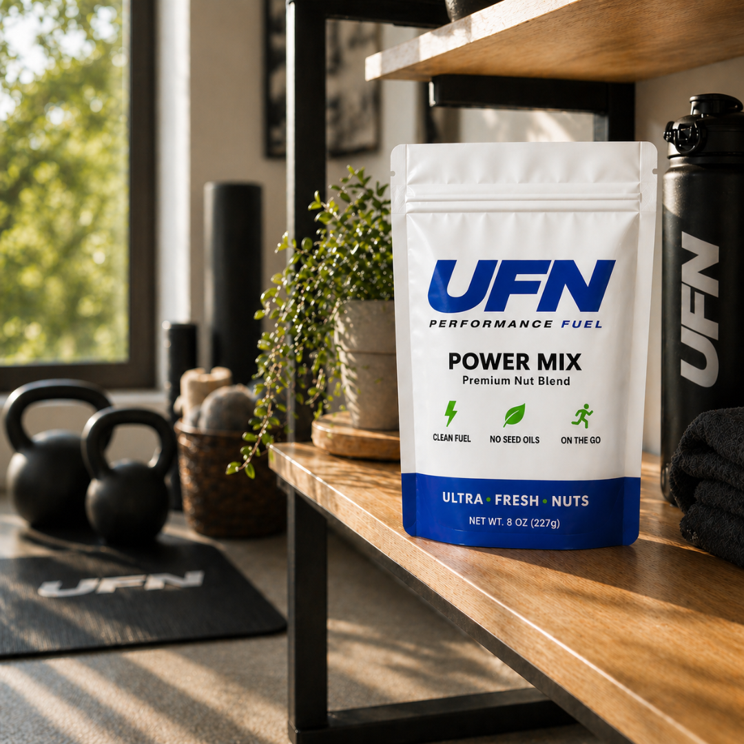 UFN Performance Fuel Power Mix package on a shelf in a home gym setting