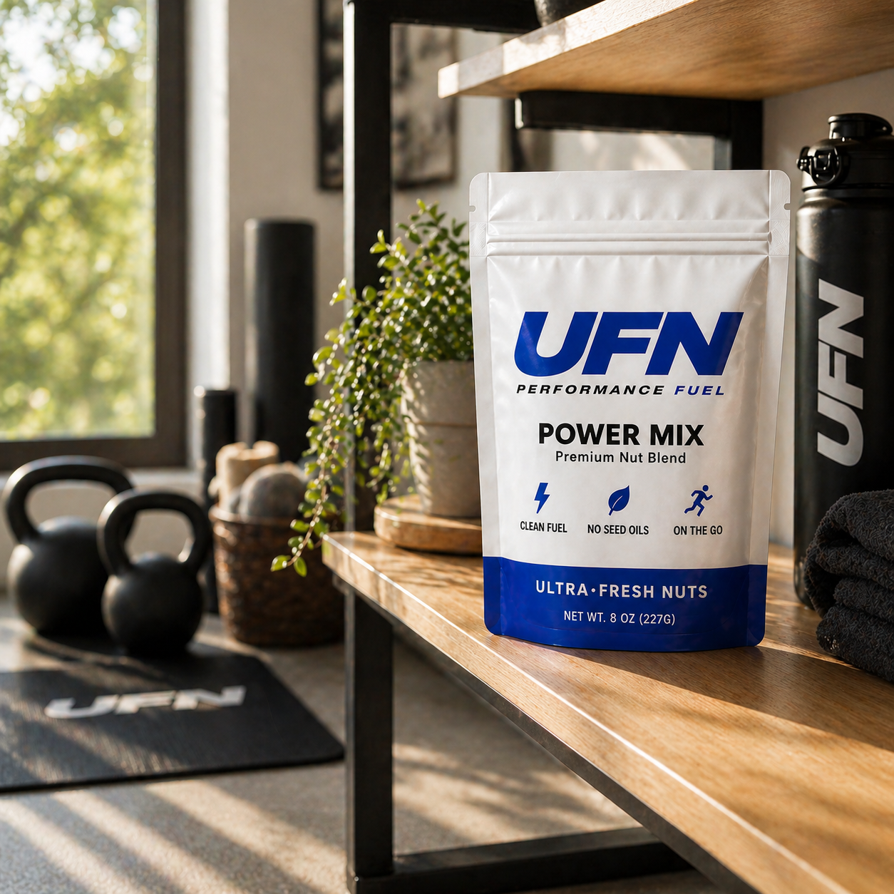 UFN Performance Fuel Power Mix package on a shelf in a home gym setting